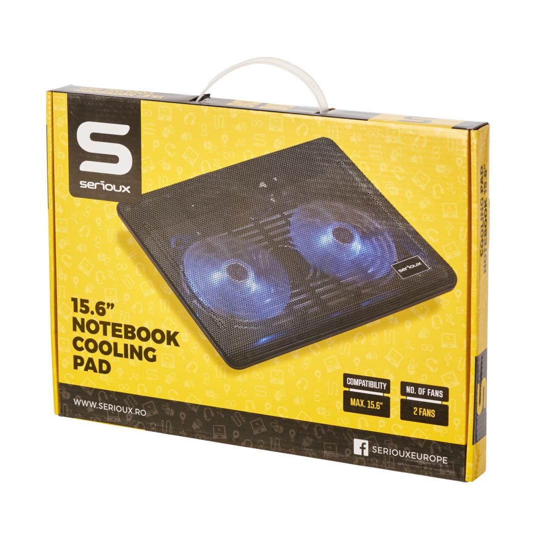 Cooling pad Serioux, SRXNCP007, Dimensiuni: 340*250*23mm, Compatibilitate maxima laptop: 15.6 inch, Dimensiune ventilator: 2 x 125 *125*15mm, Nivel zgomot: 10dB, Flux aer: 20CFM, Tensiune alimentare: DC 5V, Viteza rotatie maxima: 1500RPM, Iluminare LED: Albastru, Greutate neta: 0.455Kg