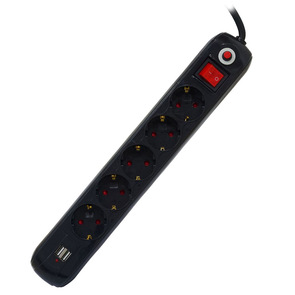 PRELUNGITOR SPACER, Schuko x 5, conectare prin Schuko (T), USB x 2, cablu 4.5 m, 16 A, max. 3500W, protectie supratensiune, Negru,  PP-5-45B-USB  (include TV 0.75 lei)