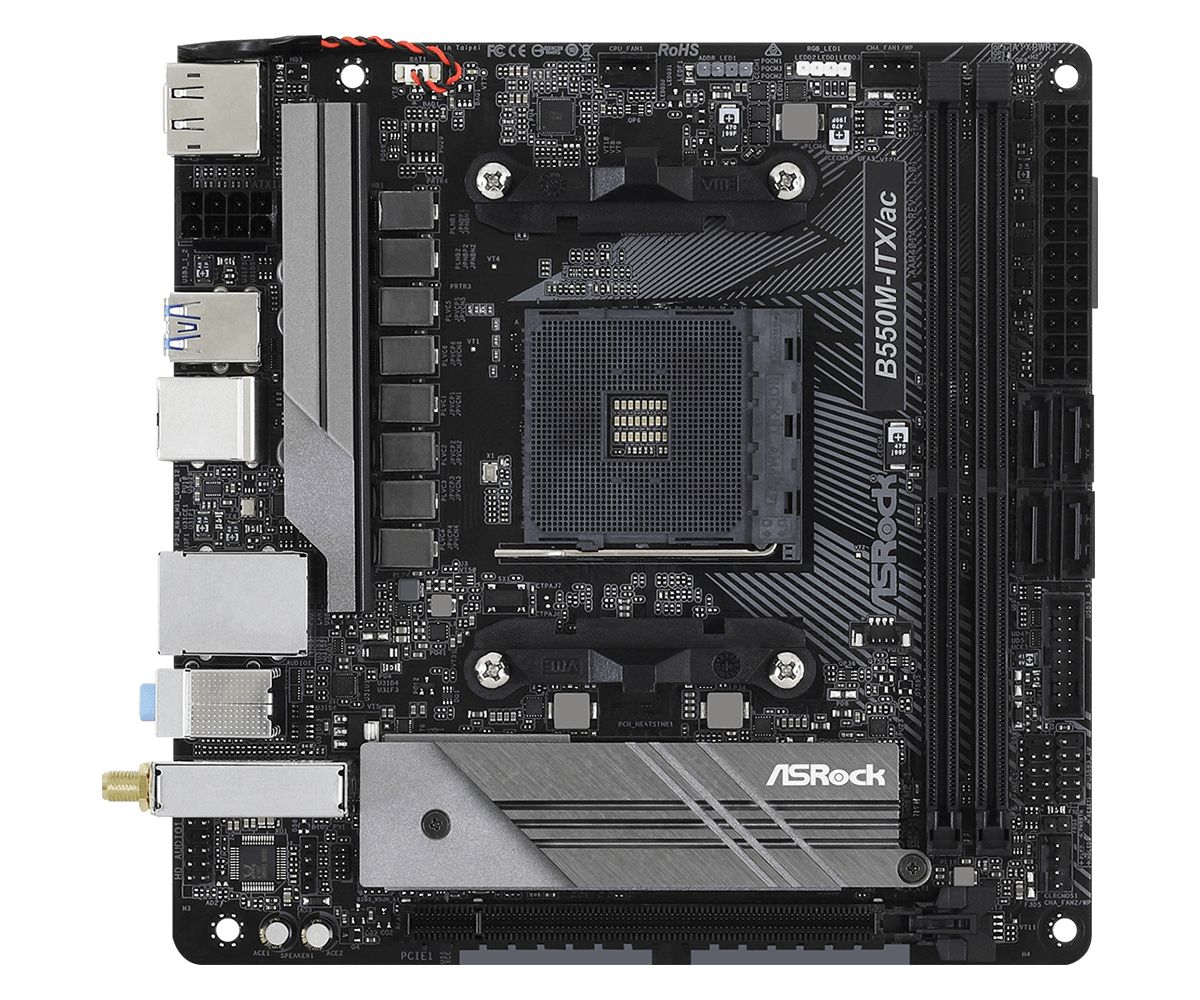 Placa de baza ASRock B550M-ITX/ac, socket AM4, 2x DDR4 UDIMM, 4x SATA, 1x NVMe, 9x USB-A, 1x USB-C, mITX
