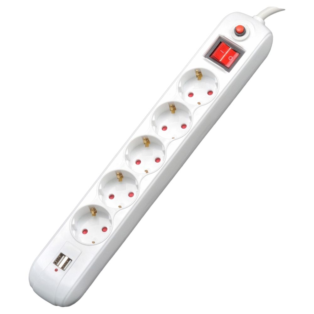 PRELUNGITOR SPACER, Schuko x 5, conectare prin Schuko (T), USB x 2, cablu 1.8 m, 16 A, max. 3500W, protectie supratensiune, alb,  PP-5-18 USB  (include TV 0.8lei)