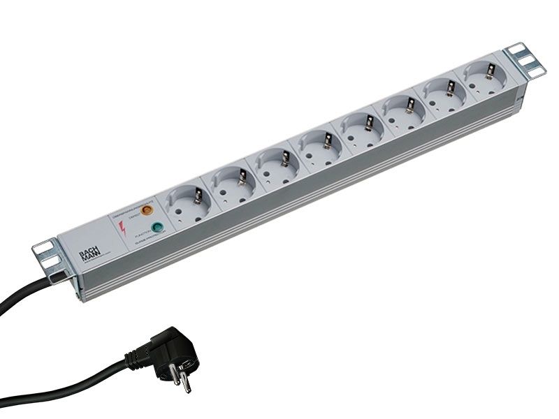 Prelungitor / PDU 19  1U, Intrare Schuko, Iesire 8x Schuko, Cablu 2m, Protectie la supratensiune