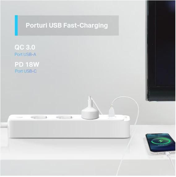 PRELUNGITOR inteligent TP-LINK, Schuko x 3, USB x 2, USB Type-C x 1, lungime cablu 1.5m,cu monitorizarea energiei, conectare prin Schuko (T), 10 A, programare prin smartphone, Bluetooth, WiFi, alb  Tapo P300  (include TV 0.18lei)