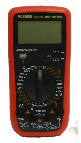 Digital multimeter DT9205A with 8 functions
DC Voltage: 200mV-1000V
AC Voltage: 200mV-750V
DC Current: 2mA-20A
AC Current: 2mA-20A
Resistance: 200ÃŽ©-200MÃŽ©
Capacitance: 2000p-200µF
Hold
Diode Test Yes Transistor