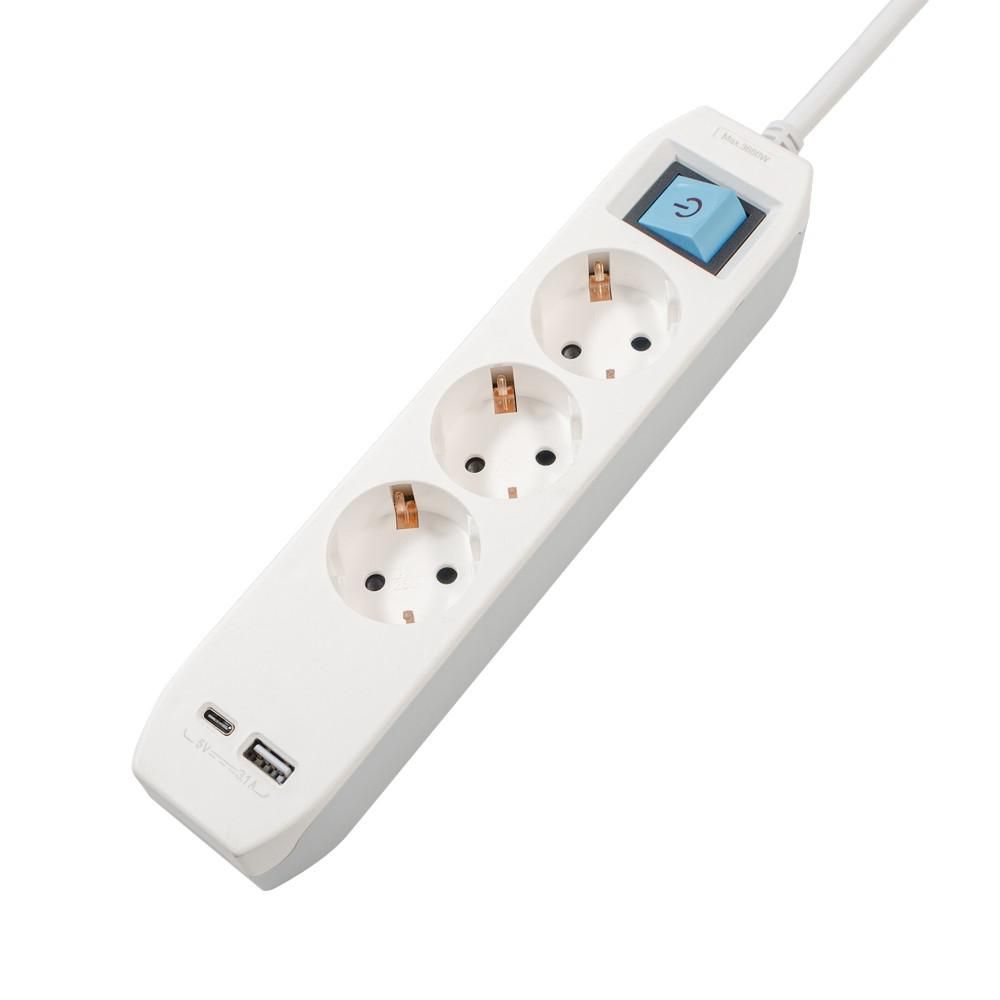 PRELUNGITOR SPACER, Schuko x 3, conectare prin Schuko (T),Type-C x1,  USB x 1, cablu 4.5m, 16 A, max. 3500W, protectie supratensiune, Alb-Gri,  PP-3-45-TC-USB  (include TV 0.8lei)