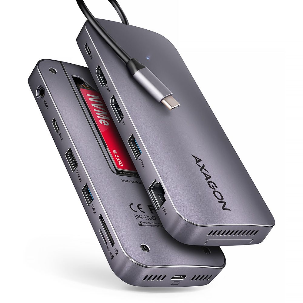 HMC-12GM2, USB-C 3.2 Gen 2, 3x USB-A, M.2 SATA/NVMe, HDMI, DisplayPort, RJ-45, SD/mSD, audio, PD 100W