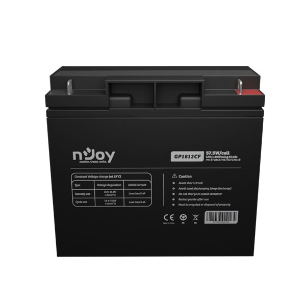 Acumulator NJOY GP1812CF 12V 181x77x167mm, Cycle use 14.4V- 15.0V max. current 5.4A, Float use 13.5V- 13.8V, Terminal T3 (M5), Power 70.2W/ cell