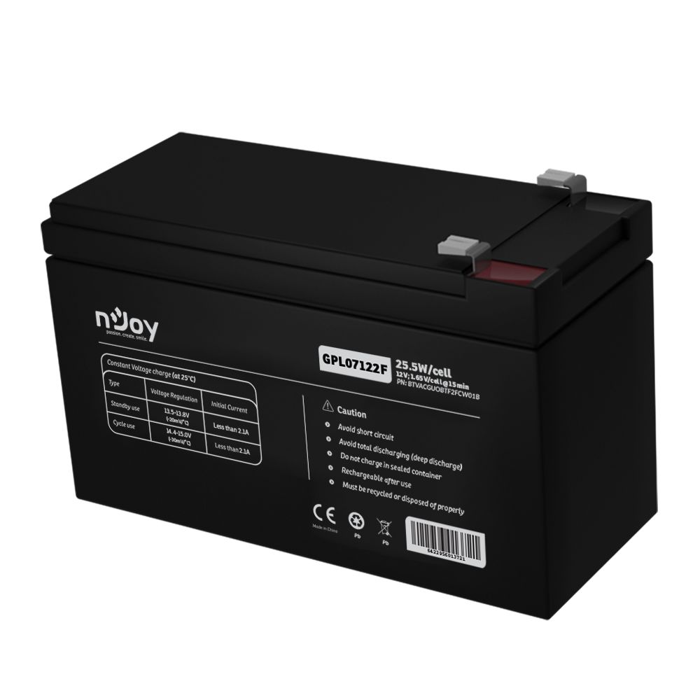 Acumulator nJoy GPL07122F 12V 22.72W/cell, Capacitate 22.72W/cell evaluat la 1,65V/cell@15 min), Tensiune 12V, Tip VRLA - fara mentenanta, Caracteristici: Sigilata complet si fara intretinere, Peste 260 de cicluri la 100% DOD, Utilizare standard 5-8 ani, Auto-descarcare redusa, Conectori : F2 -