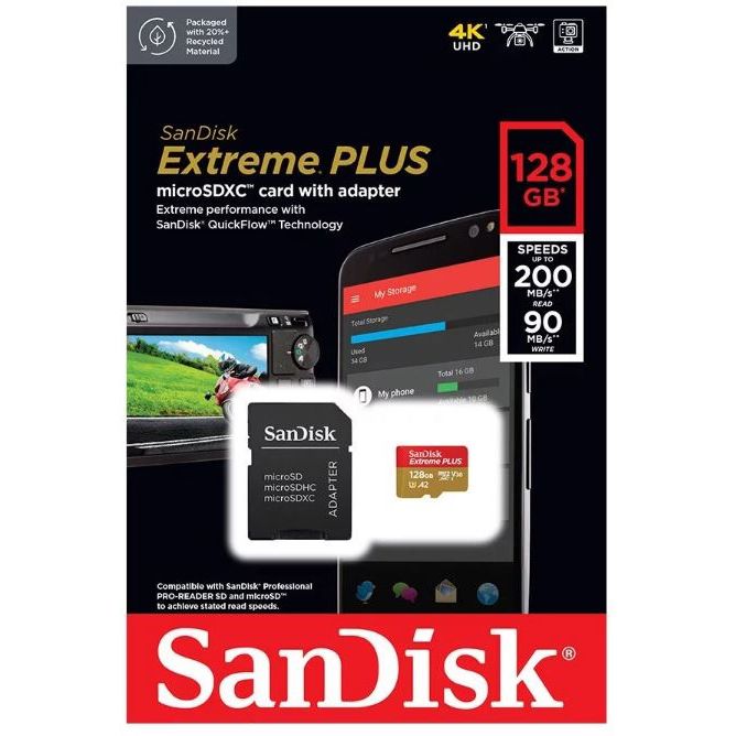 Micro Secure Digital Card SanDisk Extreme PLUS, 128GB, Clasa 10, R/W speed: up to 100MB/s/ 90MB/s, include adaptor SD (pentru telefon)