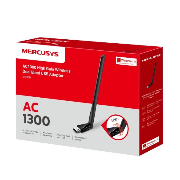 Mercusys Adaptor USB Dual Band High Gain AC1300, Standarde Wireless: IEEE 802.11 a/n/ac 5 GHz, IEEE 802.11 b/g/n 2.4 GH, Rata semnal:  5 GHz 867 Mbps, 2.4 GHz 400 Mbps, Interfata: USB 2.0,  1 antenă externă High Gain 5dBi.