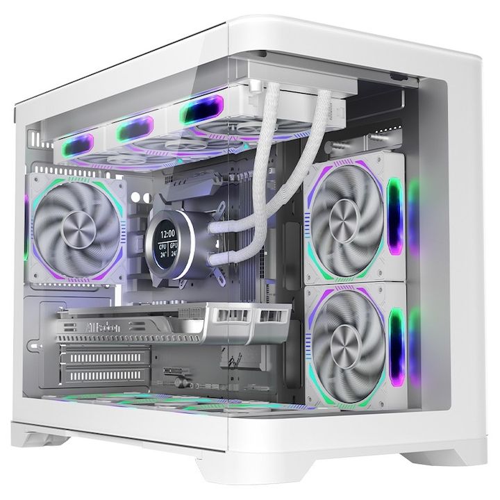Carcasa 1STPLAYER UV6 Mid Tower ARGB ALB, Tempered Glass, Sloturi Expansiune 4, Drive Bays: 2x3.5 HDD 3x2.5 SSD, Ventilatoare Suportate: 9 (spate: 1x120mm, fata: 2x120mm, sus: 3x120mm, jos: 3x120mm), Format Placa De Baza Suportat: Micro-ATX, ITX, Lungime Maxima Placa Video: 400mm, Inaltime Maxima