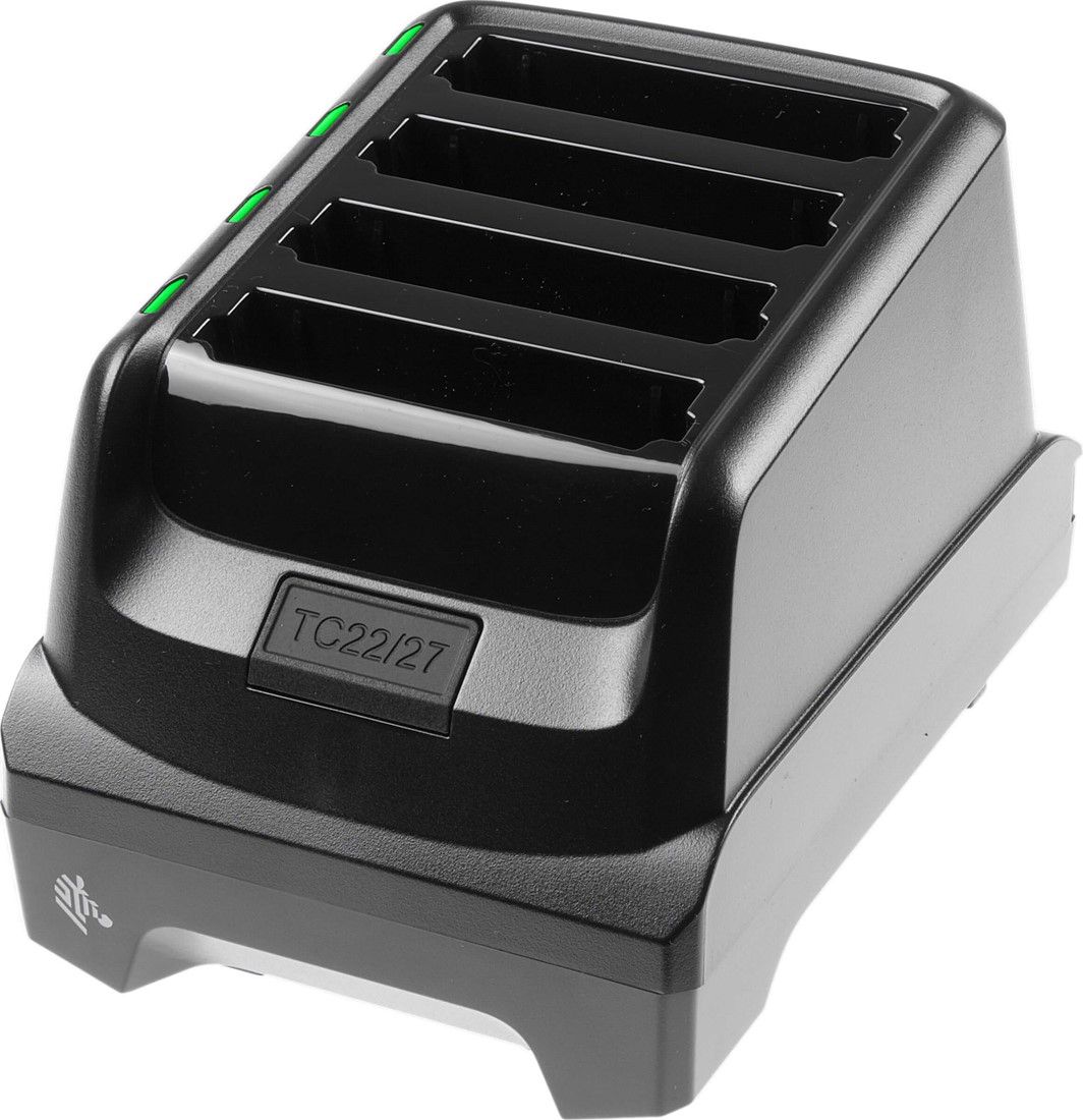 TC22/TC27 4-Slot Battery Charger Charges up to four Li-ion batteries. Power Supply, DC cable and AC line cord sold separately 