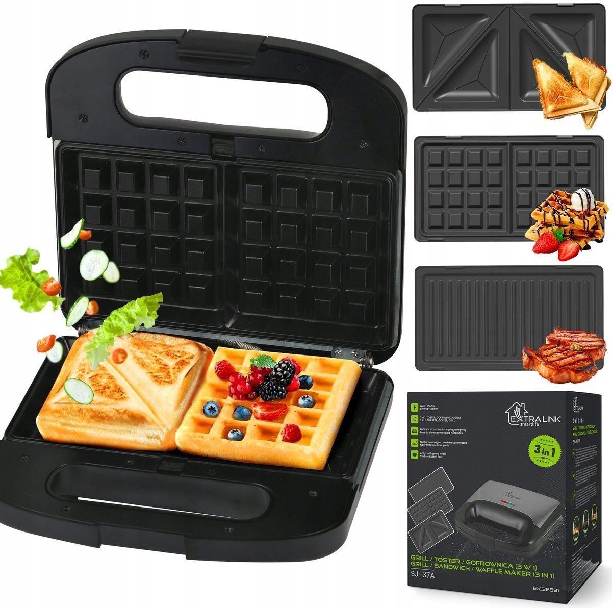 Extralink Smart Life Grill Sandwich & Waffle Maker SJ-37A | Grill Toaster & Waffle Iron | 1000W  Toaster with 3 interchangeable plates