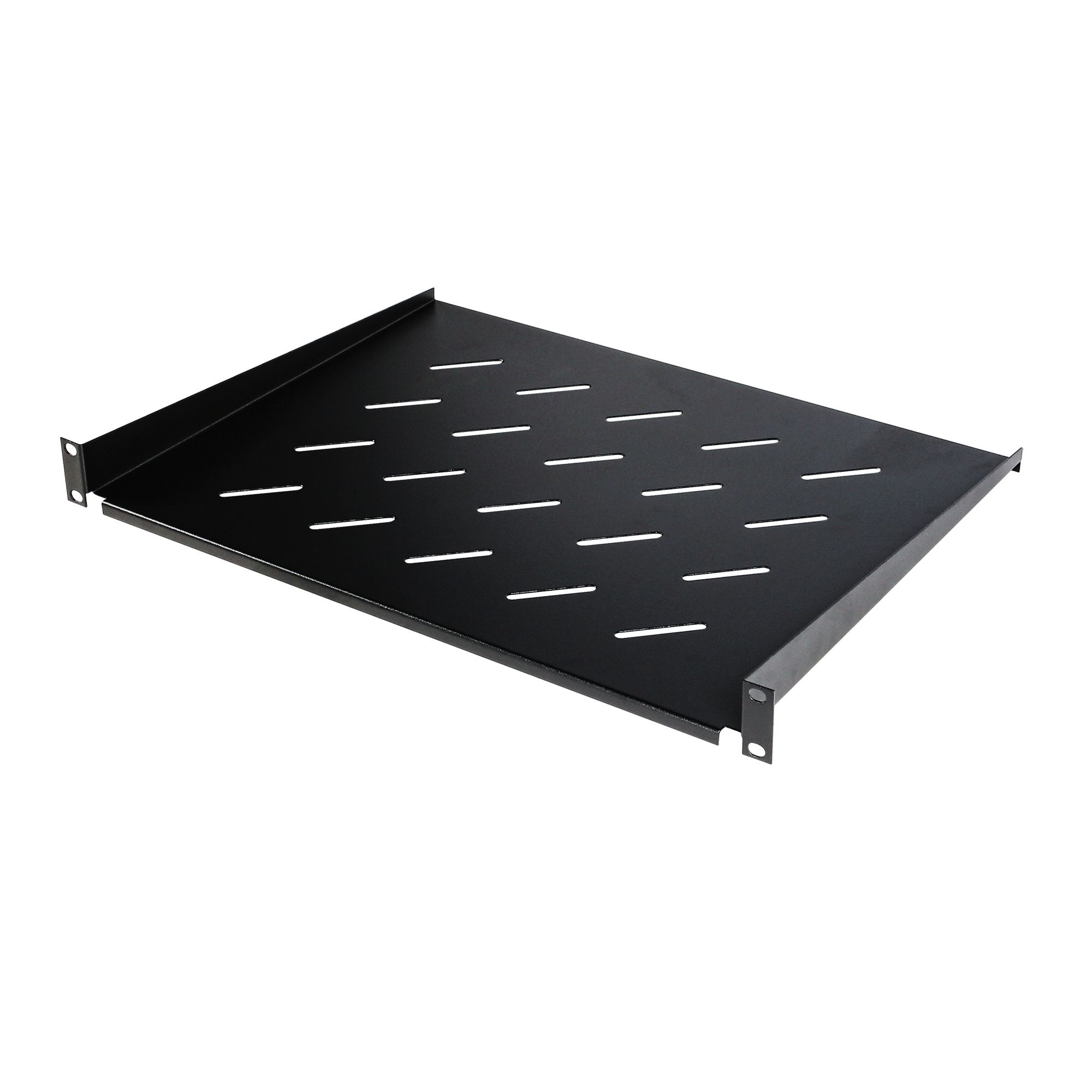 Fixed shelf 19   1U  depth 650 mm  load capacity 25 kg  4-point mounting  black  screws and handle in a set.
