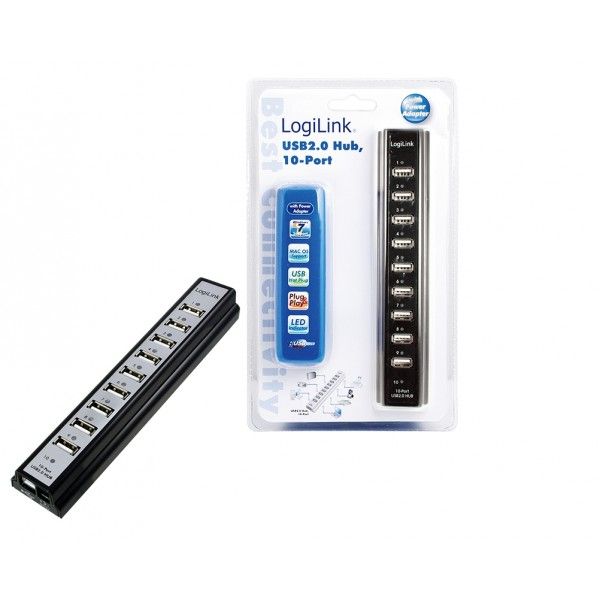 Logilink USB-HUB 10-Port m. Netzteil schwarz Kunststoff
