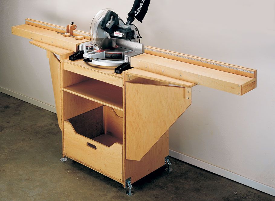 Workstation with wheels for mitre sawing