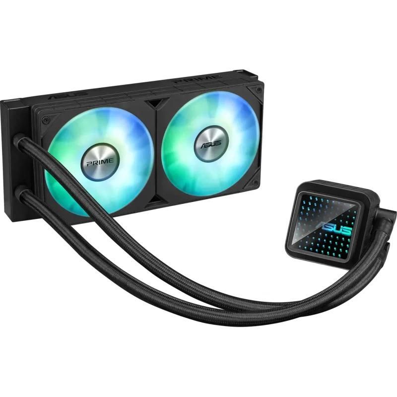 Cooler Procesor ASUS PRIME LC 240 ARGB NEGRU, marime radiator 277mm, 2 ventilatoare ARGB, Viteza ventilatoare 2200 RPM +/- 10%, Suport AMD: AM4, AM5, suport INTEL: LGA 1851/115x/1200/1700, Airflow: 75.7 CFM, Nivel de zgomot ventilatoare: 37.6dBA