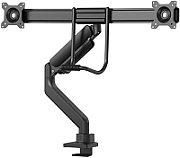 Brat dublu pentru monitor Neomounts, tip full motion, pentru display-uri cu diagonale 17 -32 , sistem de prindere VESA 75x75~100x100mm, greutate maxima suportata 8kg per ecran, tilt  +10°, -10°, swivel +90°, -90°, rotate +180°, -180°, reglabil pe inaltime 28cm, ajustarea latimii 54cm, ajustarea