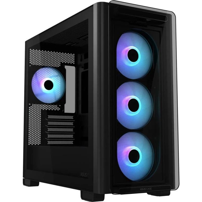 Carcasa ASUS A23 PLUS Mid Tower ARGB NEGRU, Tempered Glass, Sloturi Expansiune 5, Drive Bays: 2x3.5 /2.5  1x2.5 , Ventilatoare Suportate: 7 (spate: 1x120mm, fata: 3x120mm sau 2x140mm, sus: 3x120mm sau 2x140mm), Format Placa De Baza Suportat: Mini-ITX, Micro-ATX, Lungime Maxima Placa Video: 380mm