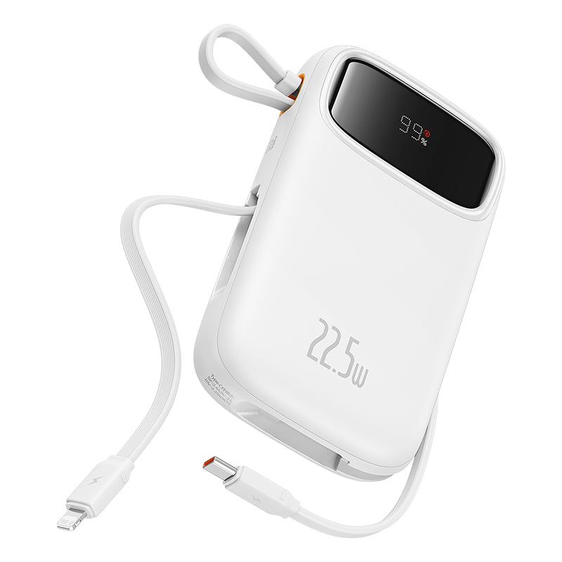 POWER BANK Baseus Qpow2 Dual-Cable, 10000mAh, PD 3.0 + QC 3.0 22.5W, 1 x USB 1 x Iphone Lightning 2 x USB Type-C, digital display pt. status baterie, total 2.4A, alb,  P10055003223-00  (timbru verde 0.98 lei) - 6932172636289