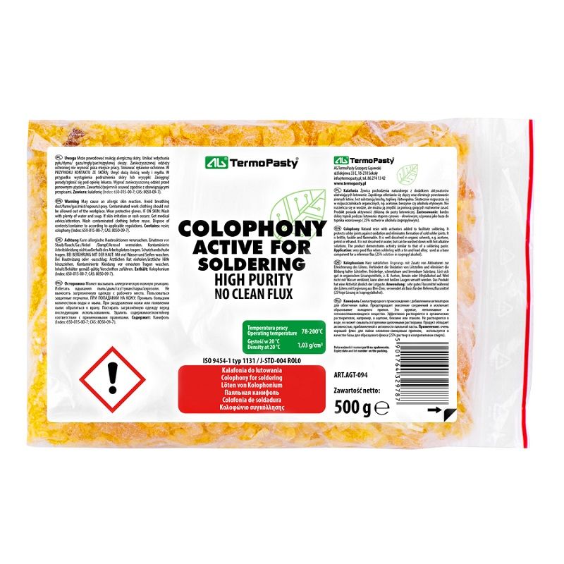 Rosin 500gr
- product used to clean the surfaces to be glued
- it is used before tinning, it can withstand temperatures between 78-200&ampdegC
Packaging: plastic bag 100g