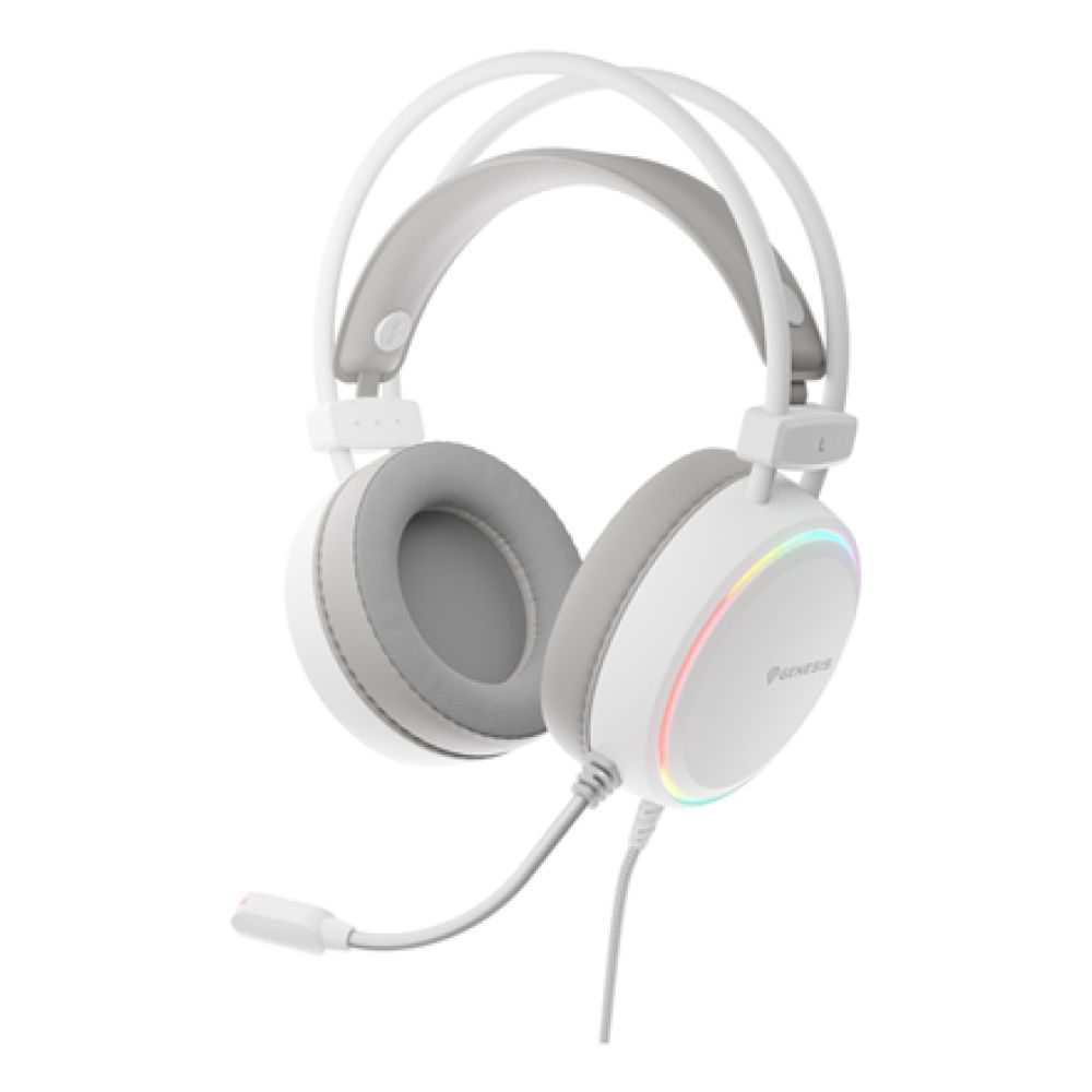 Casti gaming cu fir Genesis Neon 613 G2, sunet stereo, microfon, impendanta 32 Ohm, frecventa raspuns 20 - 20.000 Hz, lungime cablu 220 cm, iluminare RGB, frecventa raspuns microfon 10 Hz - 10 KHz, sensibilitate -42dB, conectivitate 1x Jack 3.5 mm TRRS, alb