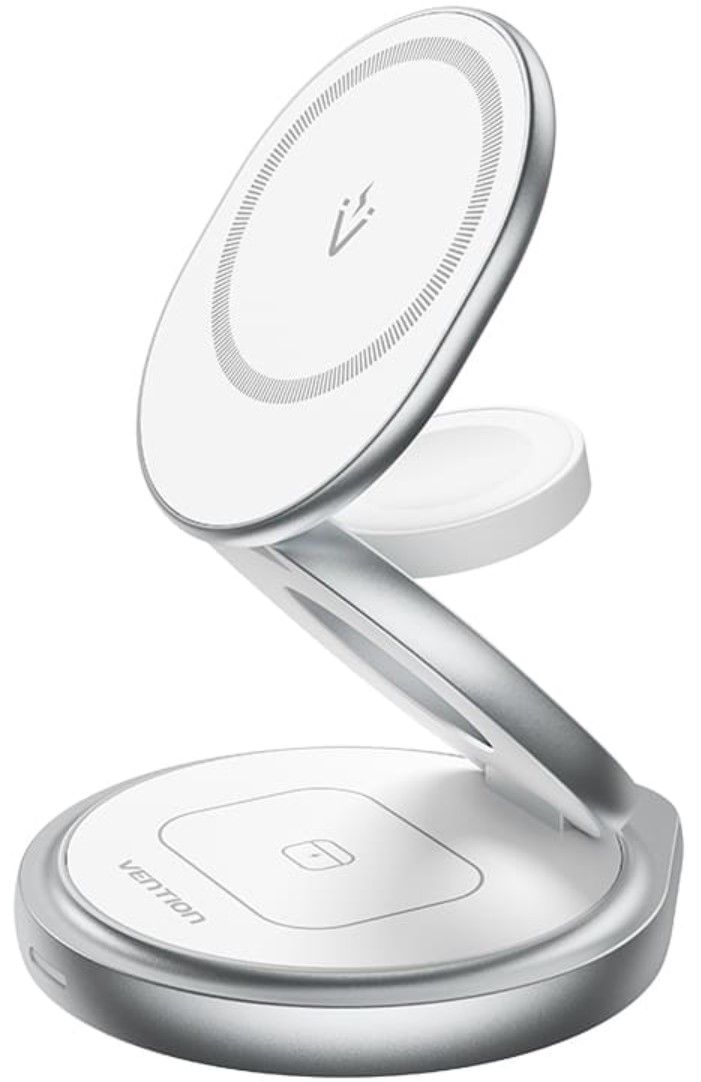 Statie incarcare wireless 3in1  Vention, MagSafe, telefon 15W, ceas 2.5W, casti 3W, fast charge, pliabil, magnetic, 1 x USB-C incarcare, argintiu,  FGEI0  (timbru verde 0.18 lei) - 6922794783812