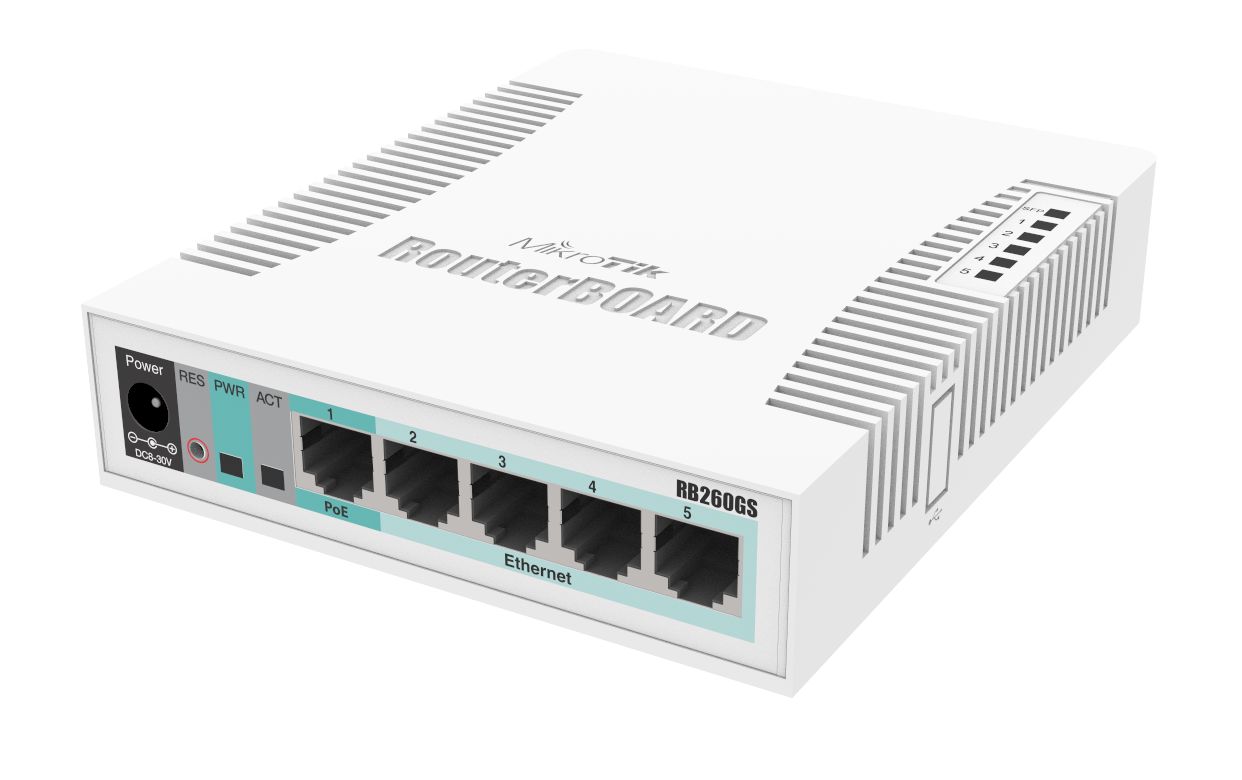 MikroTik RB260GS with 5 Gigabit ports and SFP cage, SwOS, plastic case, PSU