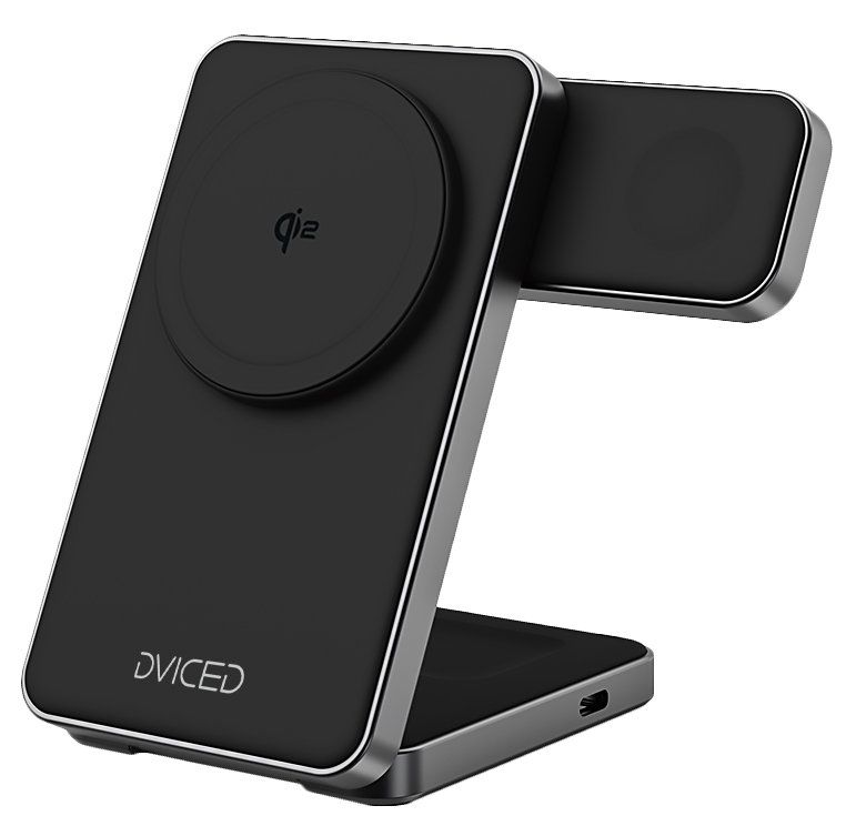 Dviced 3-in-1 Foldable Qi2 magnetic wireless charger stand w cable, wall charger - Black