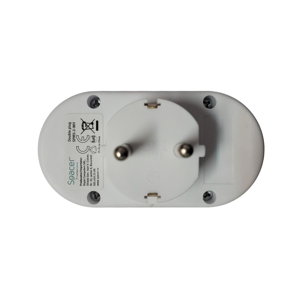 Dublu Stecher Spacer, Schuko, max 3500W, 16A, protectie copii, 2 prize Schuko, 1 stecher Schuko,  SPMS-2-WH  (timbru verde 0.18 lei)