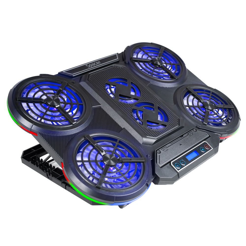 STAND SPACER notebook 17  Gaming, sita metal, 15x6cm LED fans,6 trepte turatie Max 2200RPM, 8 trepte inaltime,RGB 10 moduri, suport telefon,Airflow 180cfm, 1xUSB, 1xTYPE-C, black, Nivel zgomot 28dBA,   SPNS-Gaming-15F  (timbru verde 0.8 lei)