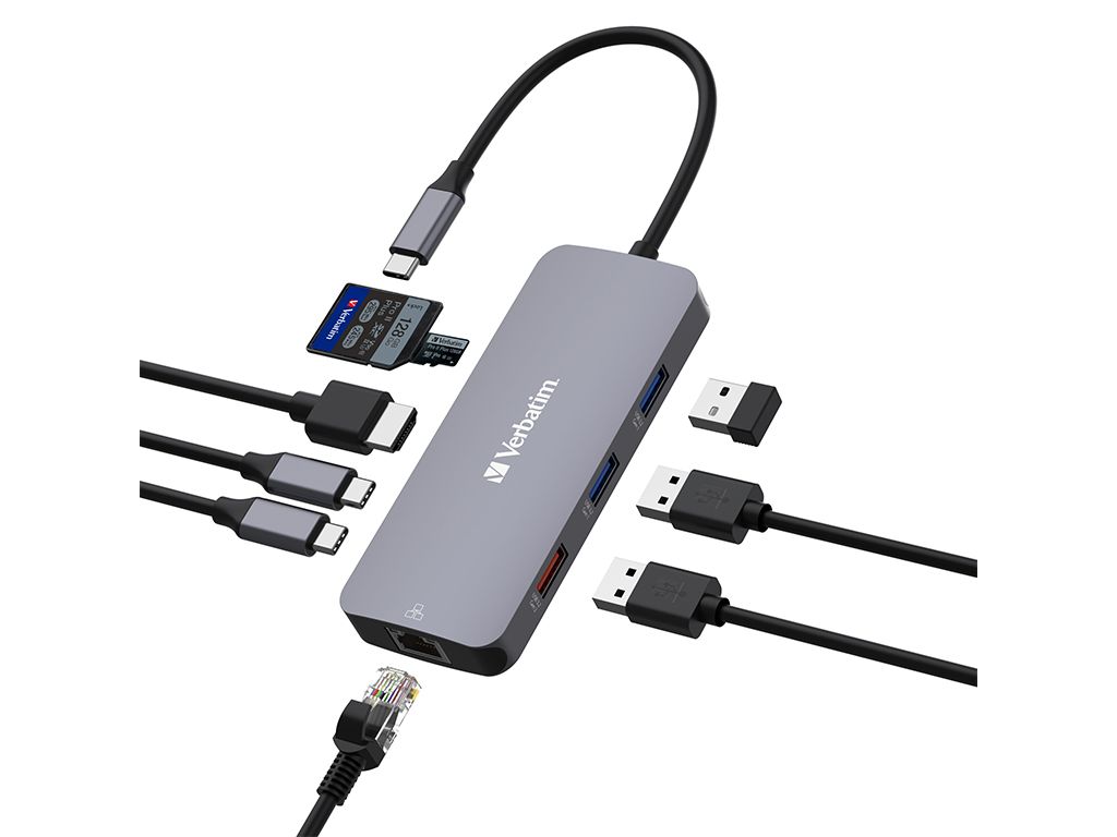 Hub multiport Verbatim USB-C, 9 port, SilverHDMI,RJ45,2xUSB-C,3xUSB-A 3.2 Gen1&2,SD,microSD