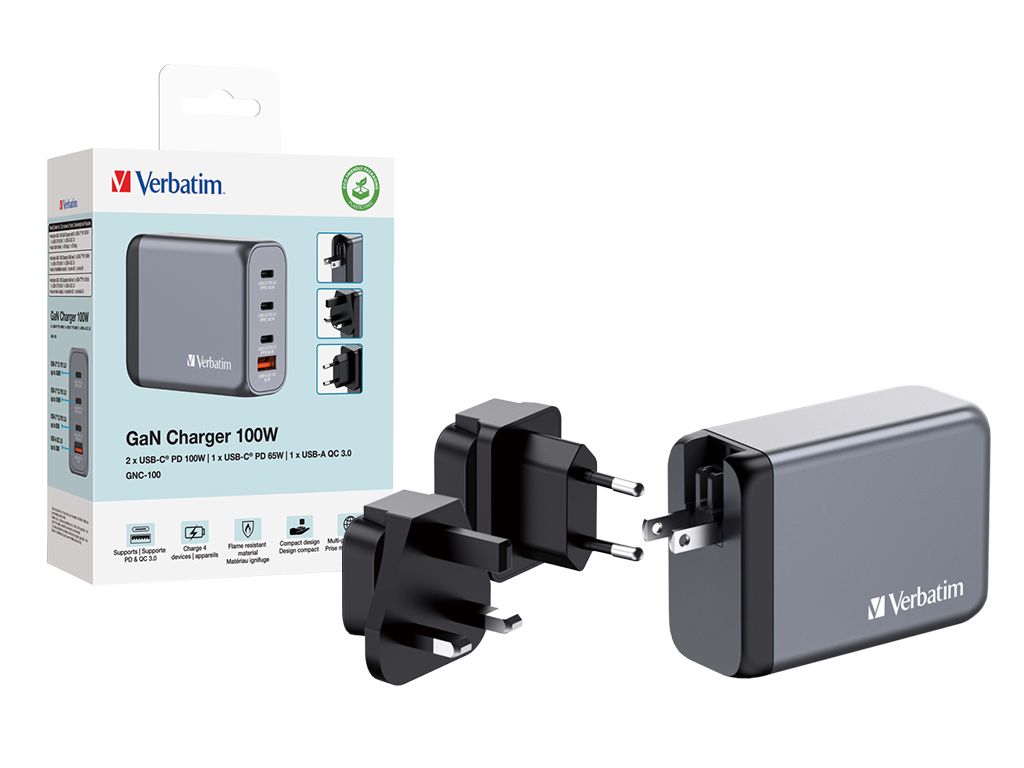 Incarcator Verbatim GaN, 100W, EU/UK/US2 x USB-C PD 100W/1 x USB-C PD 65W/1x USB-A QC 3.0