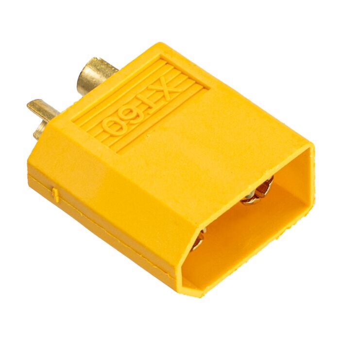 XT60 Male Connector
Specifications


	Recommended Max Current: 25A
	Maximum wire size: 12AWG

Packaging: bulk 1 pc.