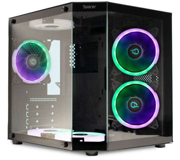 CARCASA  SPACER - gaming, Mini Tower, mATX,  AQUARIUM , fara sursa, sticla securizata, 3 x ARGB fan, HUB, telecomanda, USB 3.0 x 1, USB Type-C x 1, HD-Audio, Jack 3.5mm x 1, PSU shroud, black  SPCS-GC-AQUARIUM-BK-3F