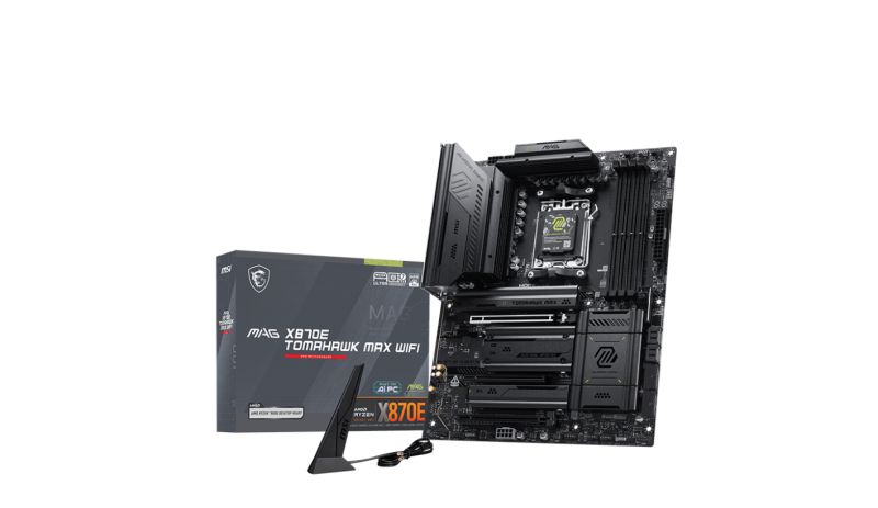 MSI MAG X870E TOMAHAWK MAX WIFI. Processor manufacturer: AMD, Processor socket: Socket AM5, Compatible processor series: AMD Ryzen 7000 Series, AMD Ryzen 8000 Series, AMD Ryzen 9000 Series. Supported memory types: DDR5-SDRAM, Maximum internal memory: 256 GB, Memory slots type: DIMM. Supported