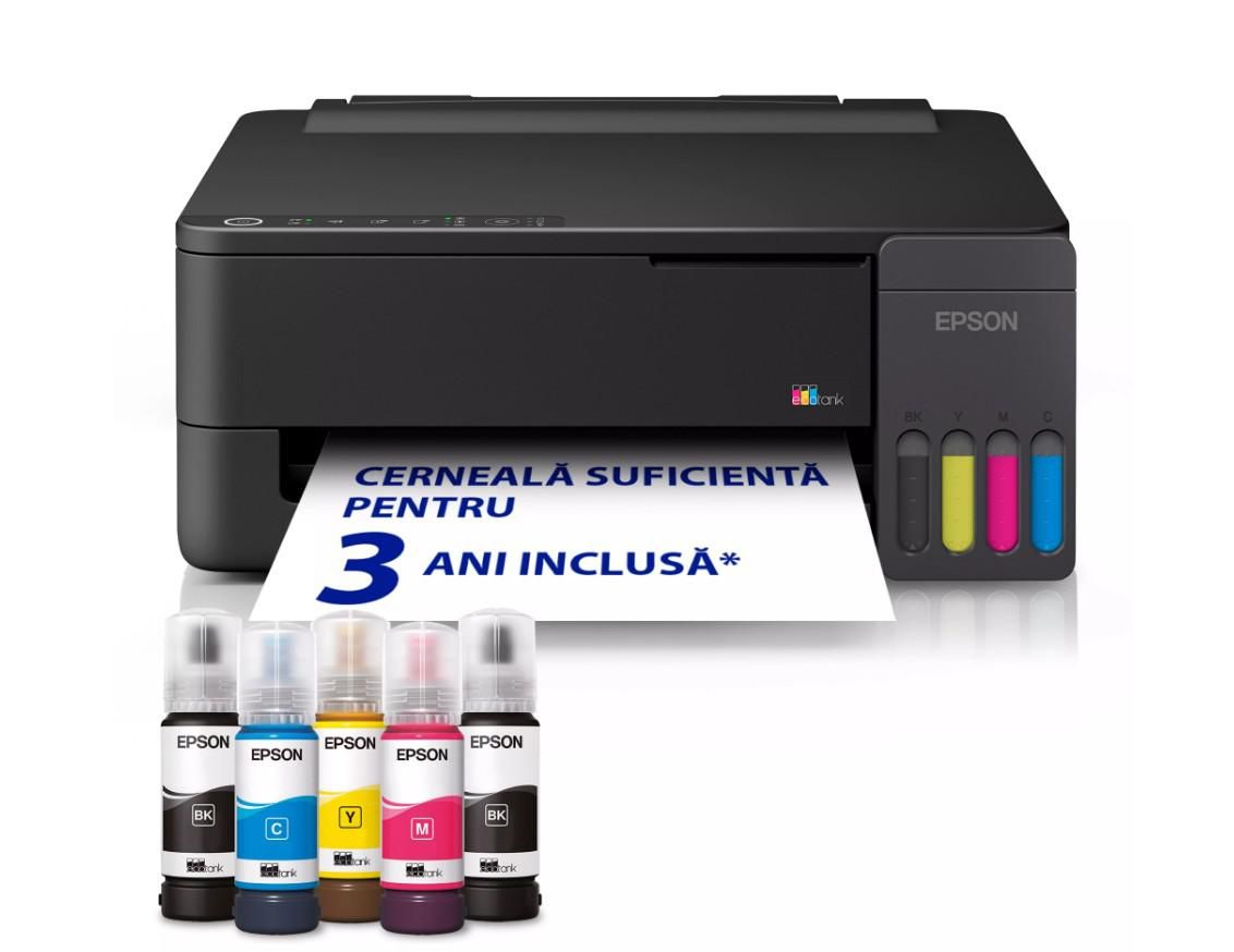 EPSON L1350 CISS COLOR INKJET PRINTER, Format: A4, Color, Functii: imprimare, Viteza printare: 33ppm mono, 15ppm color, Rezolutie printare: 5.760 x 1.440 DPI, Cpacitate hartie: 100 coli, Interfata: USB, Wi-Fi Direct, Dimensiuni: 361‎ x 317 x 152 mm, 3.1kg, Emulatii: ESC/P-R, Culoare: negru, Se
