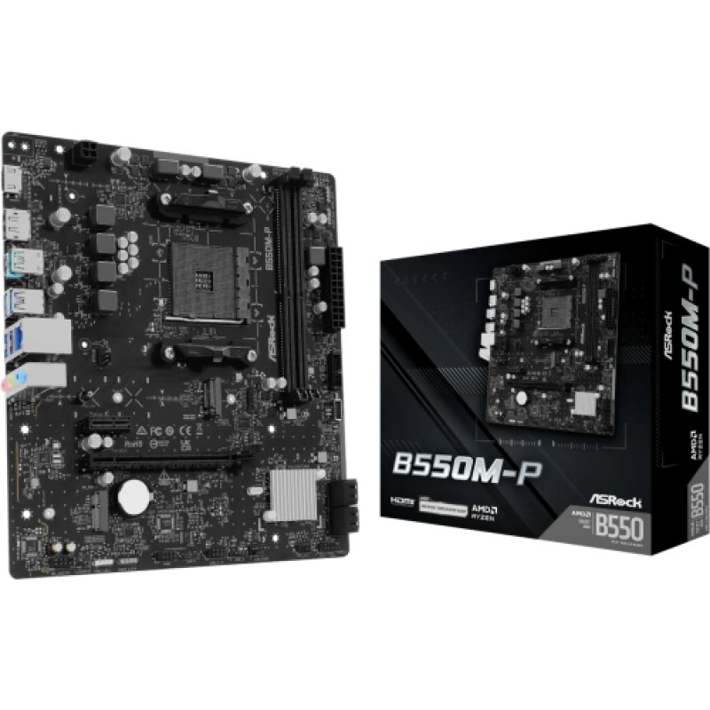 Placa de baza ASRock B550M-P, socket AM4, 2x DDR4 UDIMM, 4x SATA, 1x NVMe, 9x USB-A, mATX